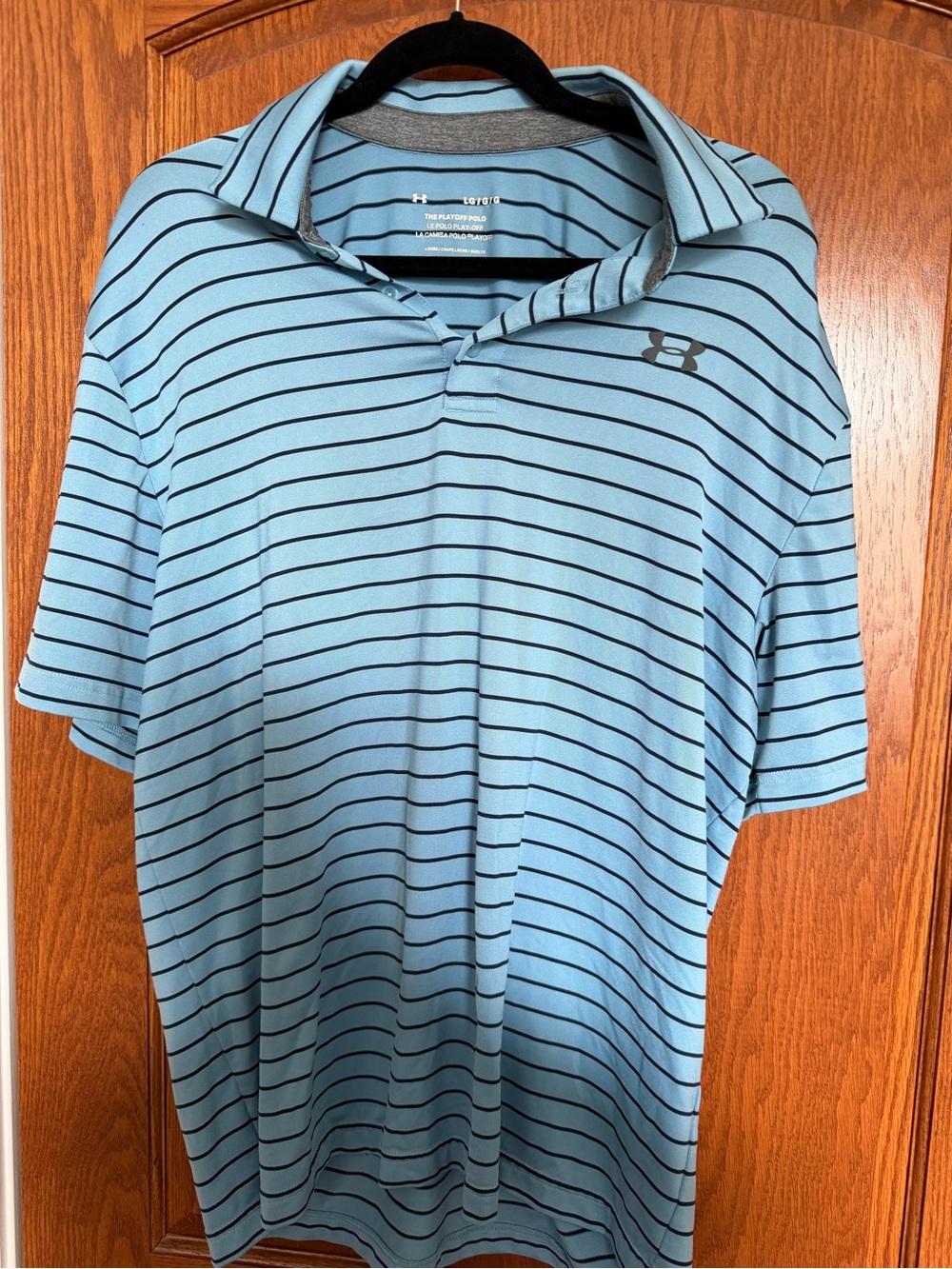 Under Armour Men’s Light Blue Polo with Navy Stripes